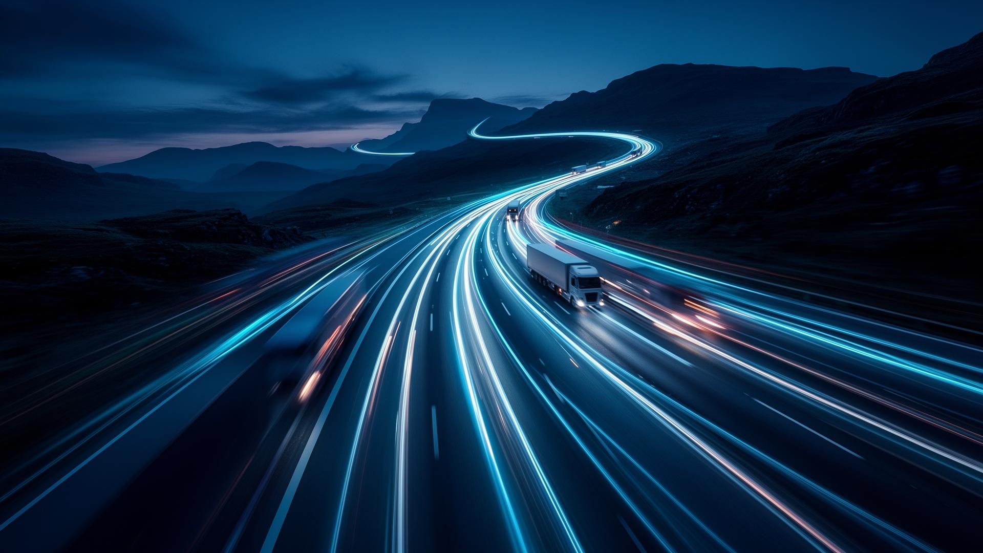 Modern highway at blue hour with motion-blurred light trails - freight in motion
